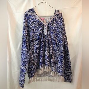 Lilly Pulitzer Blue and White Patterned Cover up with Tassels